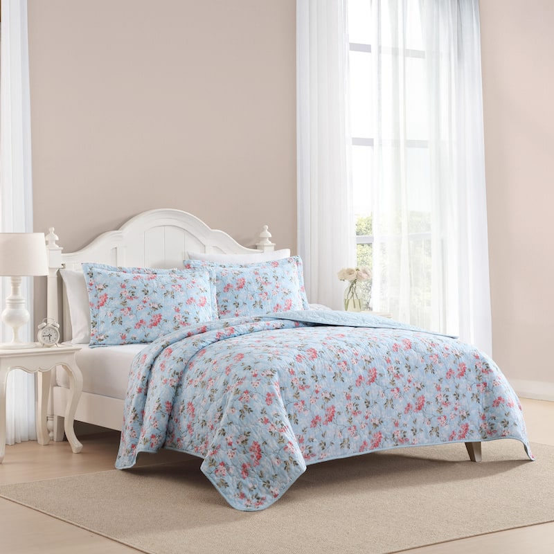 Laura Ashley Blissful Dream Cotton Reversible Blue Quilt Set