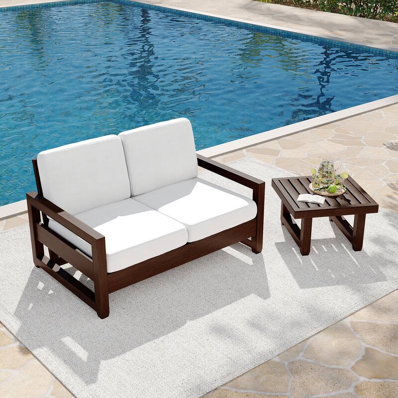 Teak Loveseat Patio Set with Cushions and Table (2-Piece)