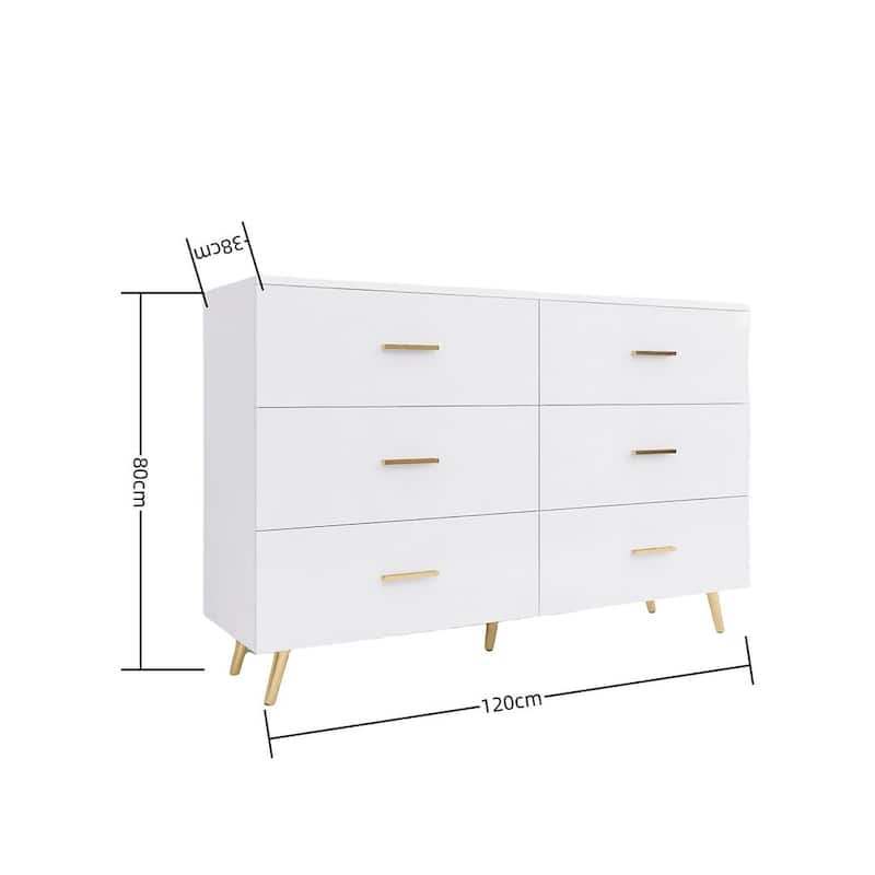 Modern Dresser Chest With 6 Drawers and Golden Handle，High Glossy Surface