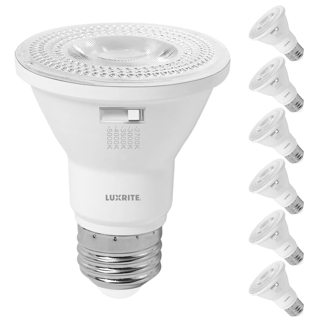Luxrite PAR20 LED Flood Light Bulb 5CCT 550 Lumens 7W Dimmable LED Spotlight Bulb Damp Rated ETL Listed E26 (6 Pack)