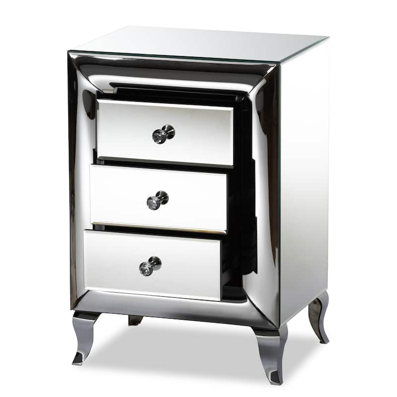 Mirrored Nightstand 3 Drawer Bedside Table Cabriole Legs Crystal Knobs 26" High