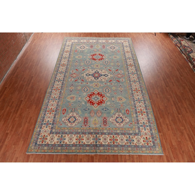 Hand Knotted Oriental 100% Wool Carpet Traditional Geometric Navy Blue & Blues Kazak Area Rug - 16' 6'' X 9' 7''
