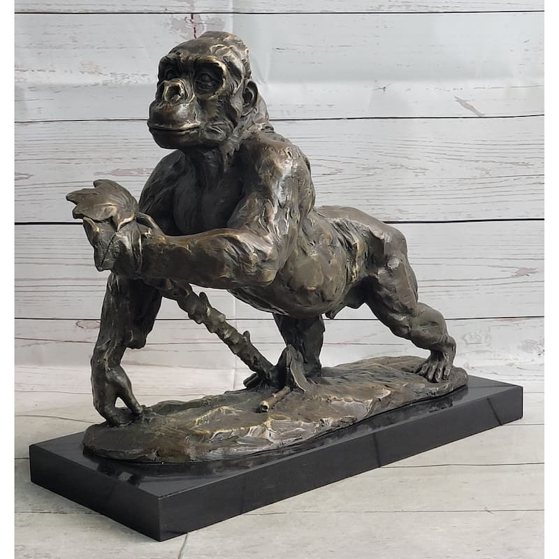 Imitative Gorilla Great Ape Bronze Metal Statue Sculpture Figure Decor Signed On Marble Base