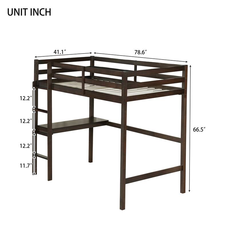 Twin Size High Loft Bed with Desk Underneath, Rubberwood Frame, Safety Guardrail and Ladder for Teens, Kids, Dorm or Bedroom