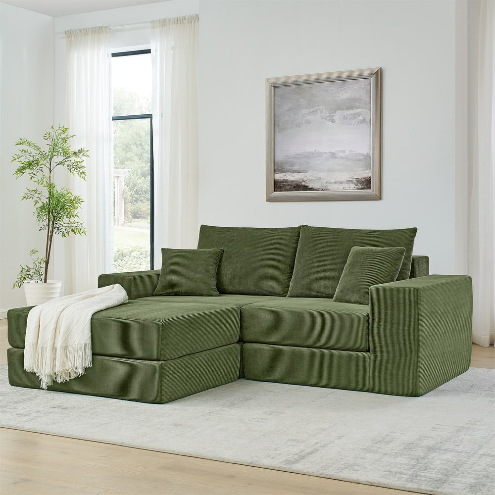 Folding Deep Seat Couch Modular L-shaped Sectional Sofa Corduroy Upholstered Sleeper Sofa Bed with Throw Pillows