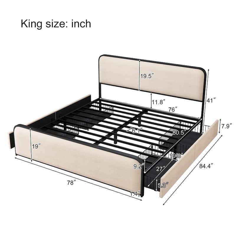 Modern Metal Bed Frame with Curved Upholstered Headboard and Footboard