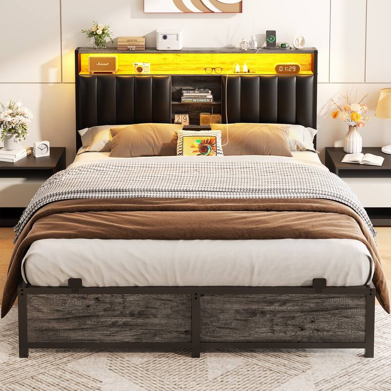 Upholstered Bed Frame with Storage Shelving, Platform Beds with Charge Station and LED Lights - Grey Oak - Full