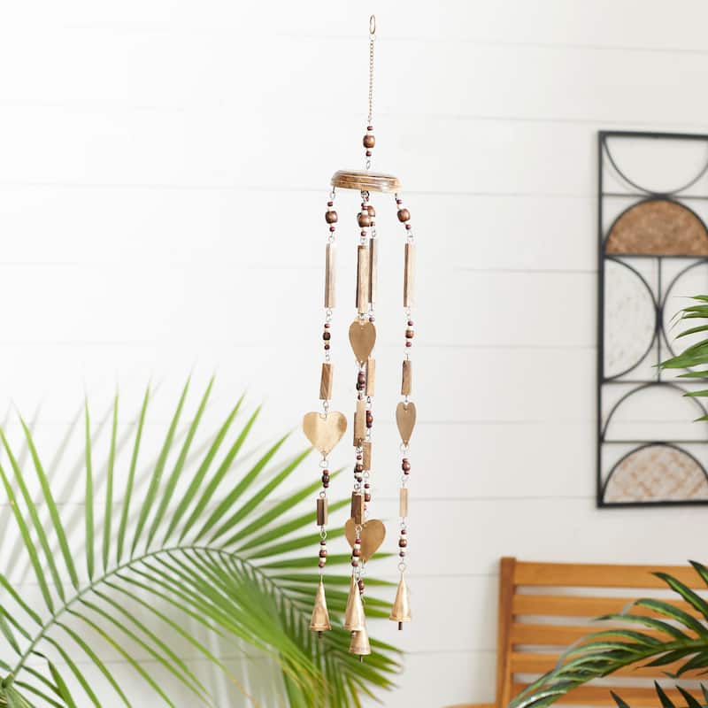 Brown Wood Coastal Windchime 12 x 1 x 26 - Gold - Heart - Large