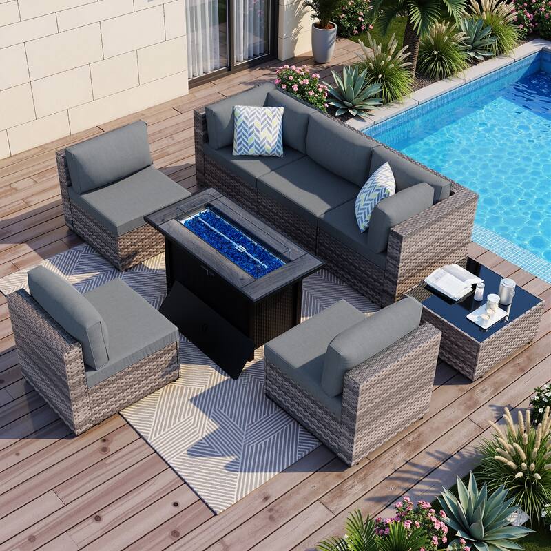 8-Piece Outdoor Patio Wicker Conversation Set with Fire Pit Table, Sectional Sofa & Cushions - N/A