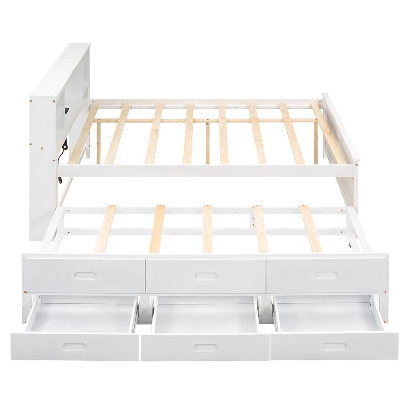 Full Size Platform Bed with Storage Headboard, USB, Twin Trundle, and 3 Drawers in White