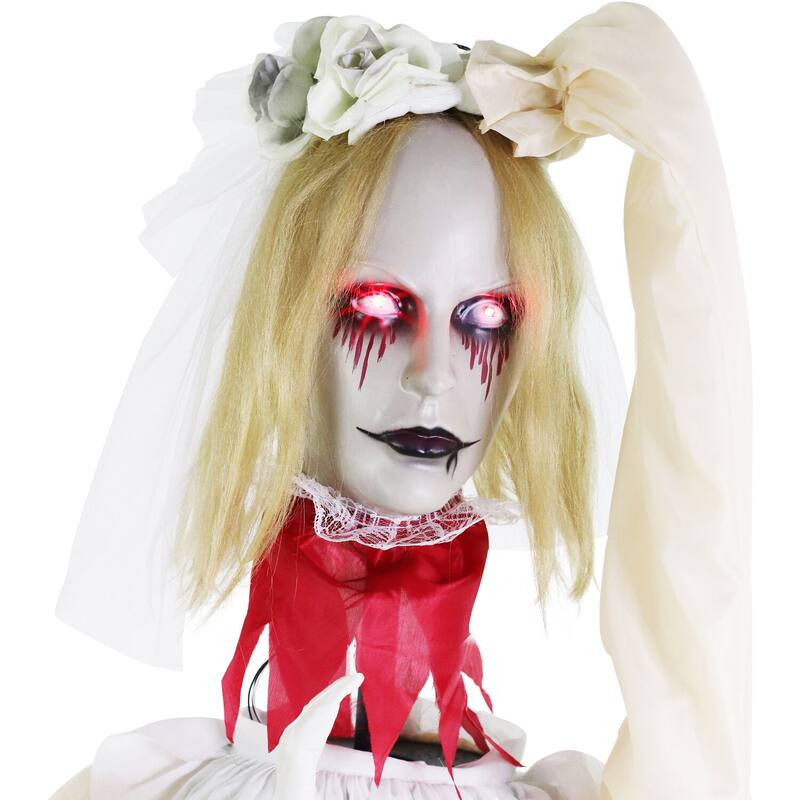 Haunted Hill Farm Poppy the Animatronic Zombie Bride with Pop-Up Head and Light-Up Eyes for Scary Halloween Decoration