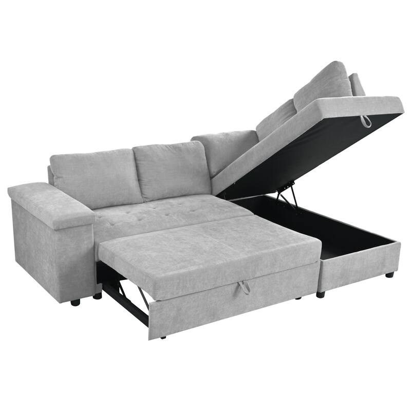 91.5" Polyester L-Shaped Sectional Sofa with Pull-Out Bed, Hidden Storage and Wide Storage Armrests