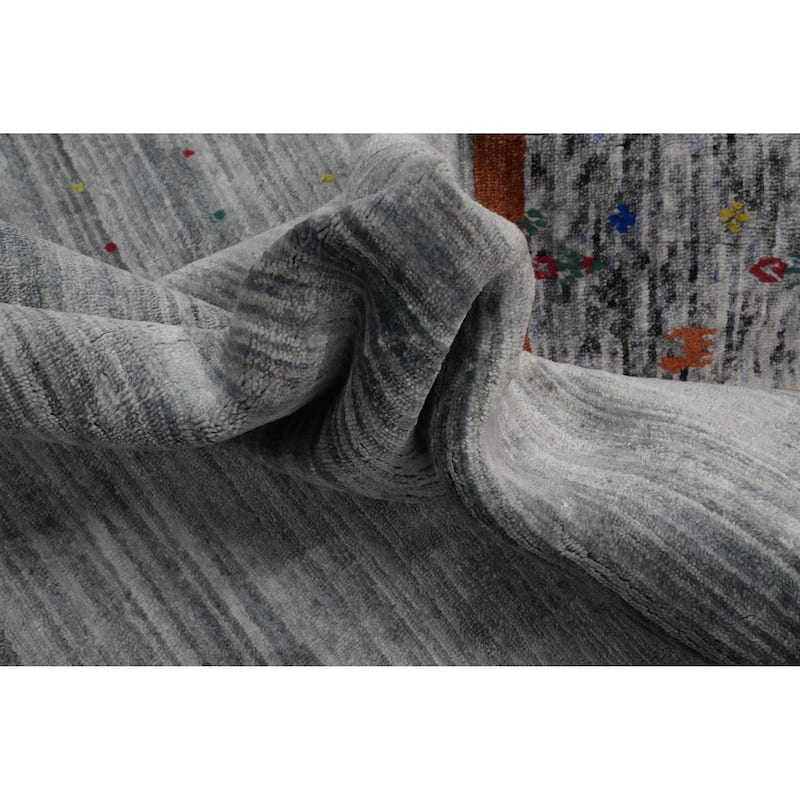 Hand Knotted Oriental Viscose Silk Carpet Tribal Tribal Greys & Charcoal Gabbeh Area Rug - 10' 0'' X 7' 8''