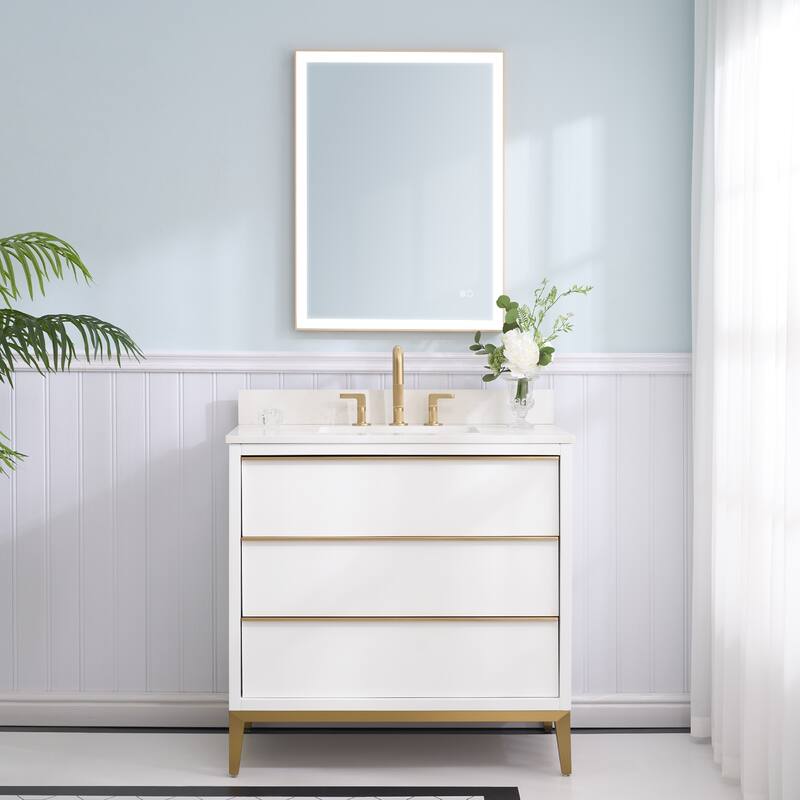 36"/48"/60" W Width Solid Wood Bathroom Vanity with Stain-resistant Carrera White Quartz Top and Sink - 36''Wx35''H - White
