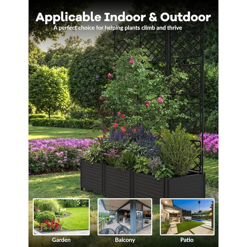 3 Pack Plastic Plant Boxes with Metal Trellis for Climbing Plants Outdoor Raised Box Privacy Screen
