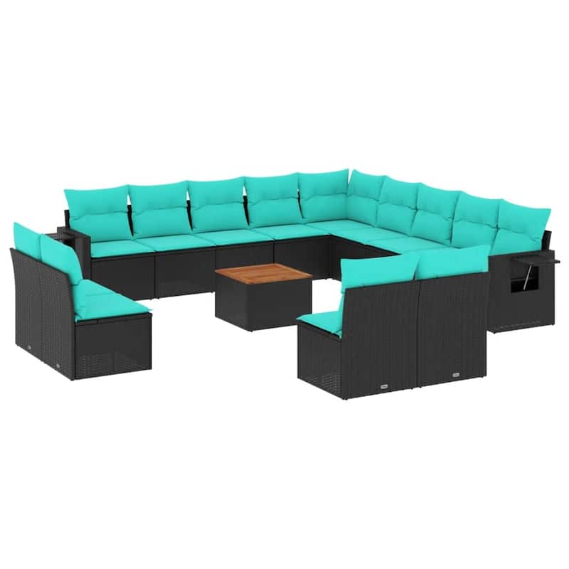 vidaXL 14 Piece Patio Sofa Set with Cushions Black Poly Rattan - 24.4" x 24.4" x 27.2"
