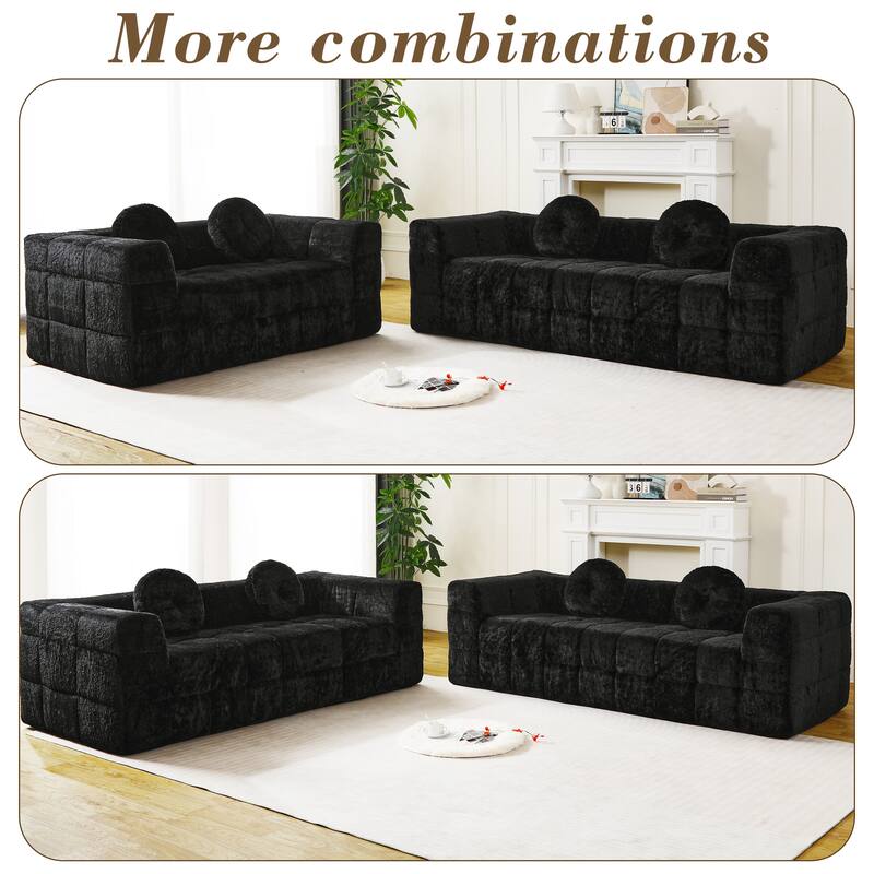 84.6-inch Modern Boneless Couch with Two Circular throw pillows, Skin-friendly lychee-textured long-pile polyester fabric