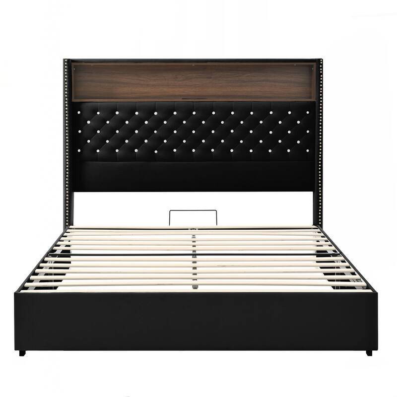 Queen Size Tufted Soft Bed Frame with USB Port and Night Light