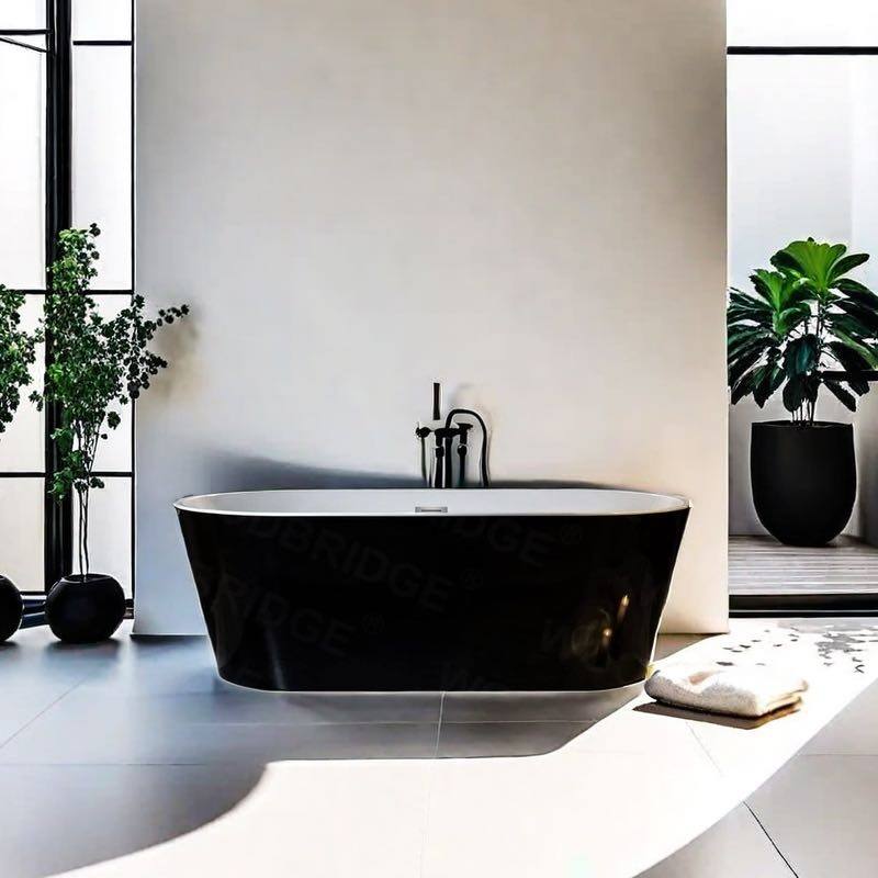 Stufurhome 67 In. Freestanding Acrylic FlatBottom Design Bathtub with Brushed Nickel Overflow and Drain Included in Black