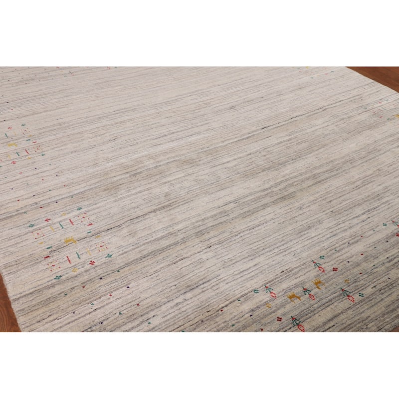 Earth Tone Gabbeh Indian Square Area Rug Handmade Beige Wool Carpet - 7'10" X 8'0"