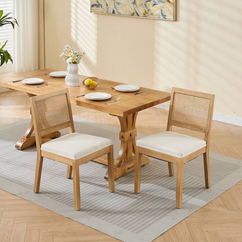 Farmhouse Rattan Dining Chairs with Natural Hardwood Frame (Set of 2)