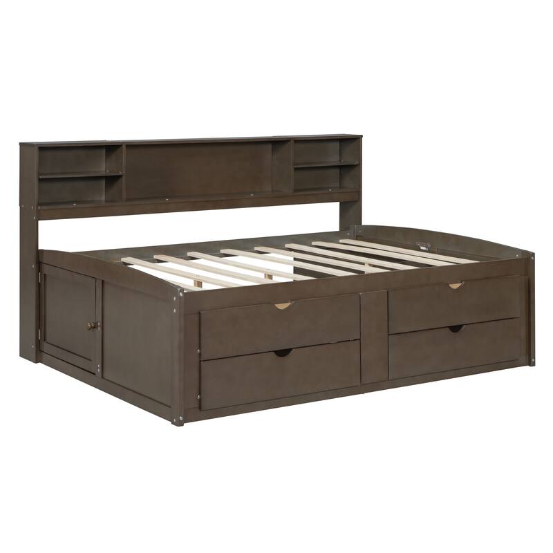 Modern Full Size Daybed with Storage - 2 Bedside Cabinets, Shelves, and Drawers - White/Grey/Antique Brown.