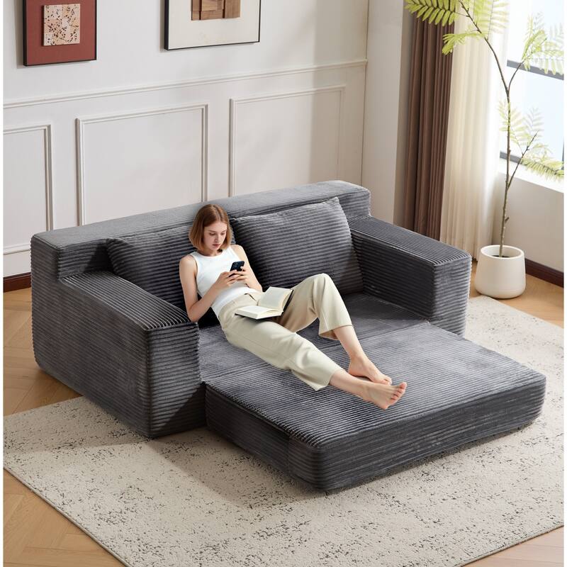 Floor Corduroy Deep Seat Loveseat Sofa with Folding Mattress Convertible Sleeper Sofa Bed with Reversible Cushion and Pillows