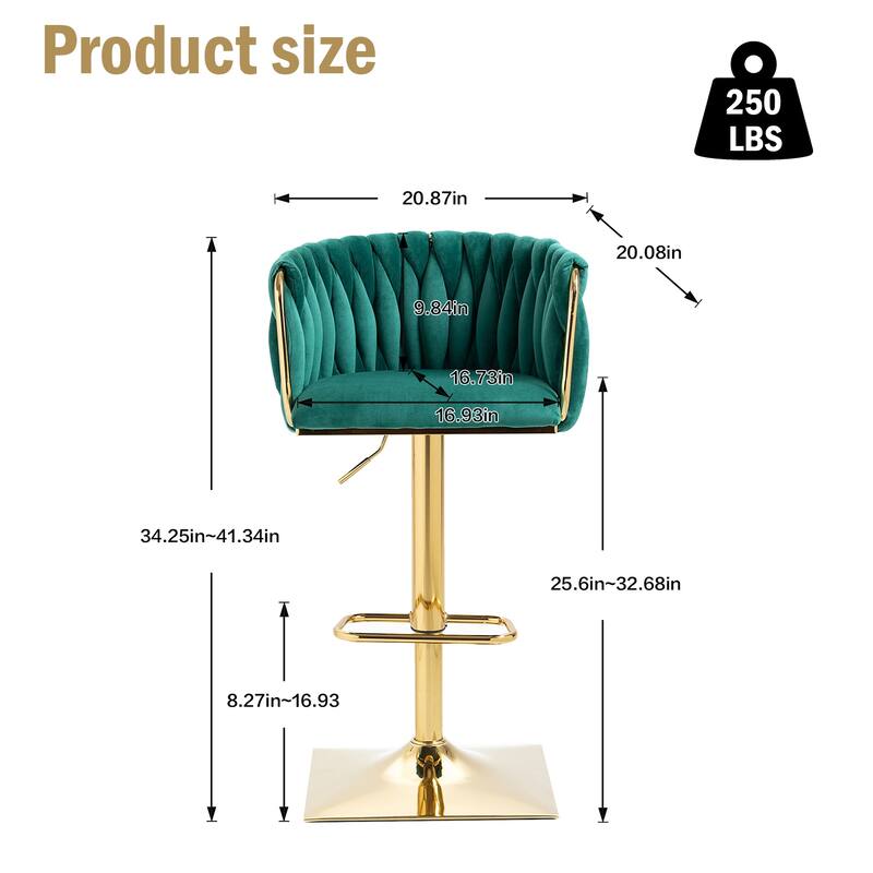 Vintage Velvet Bar Stools with Back and Footrest 2PC/SET,Adjusatble Seat Height from 25.6-32.68 Inch