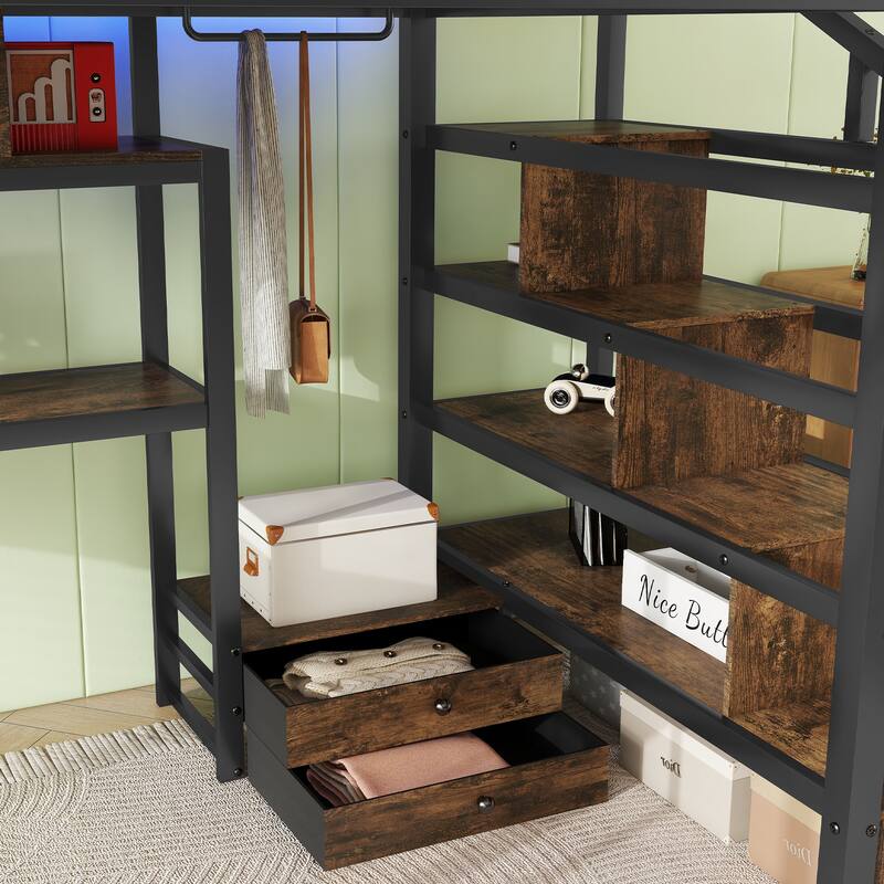 Full Size Metal Loft Bed with LED Lights, Charging Station, Desk & Staircase Storage - Black