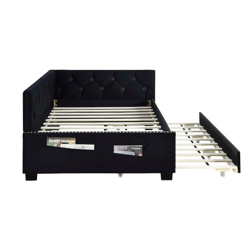 Black Twin Size Velvet Upholstered Daybed with Trundle and Button Design Backrest