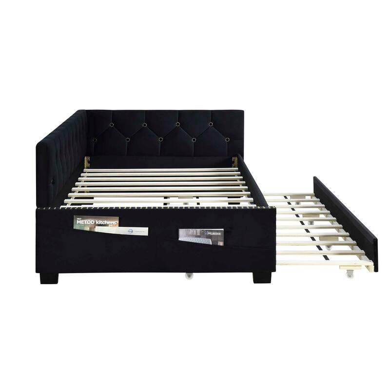 Twin Size Velvet Upholstered Daybed with Trundle and Button Design Backrest