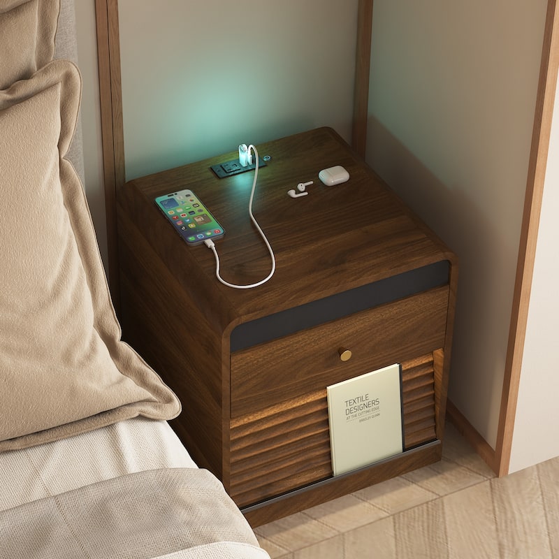 Smart Nightstand with LED Night Light, Charging Station and Storage Cabinet