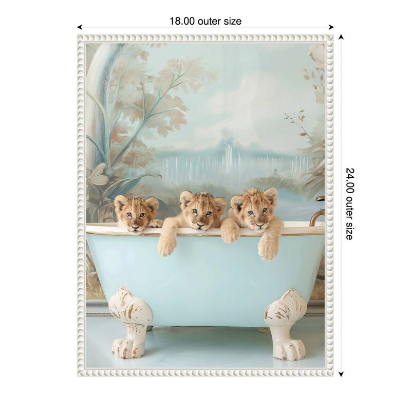 Blue Lagoon Lion Cubs by Niky Rahner Framed Canvas Wall Art - 18 x 24 in