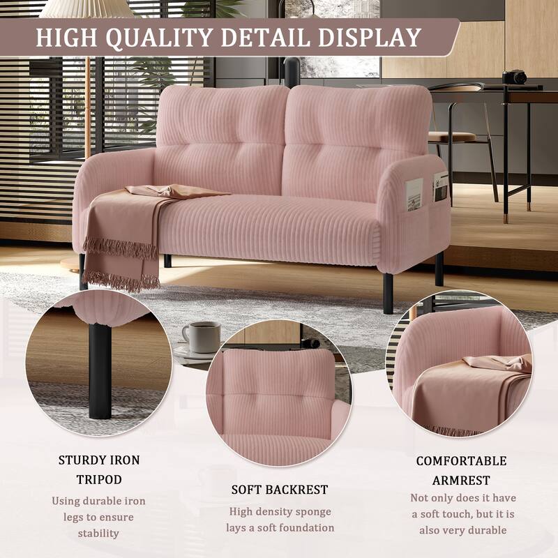 Small Corduroy Upholstered Loveseat Sofa, Lounge Sofa Chair with Double Side Pockets, High-Density Sponge 2 Seater Sofa - Pink