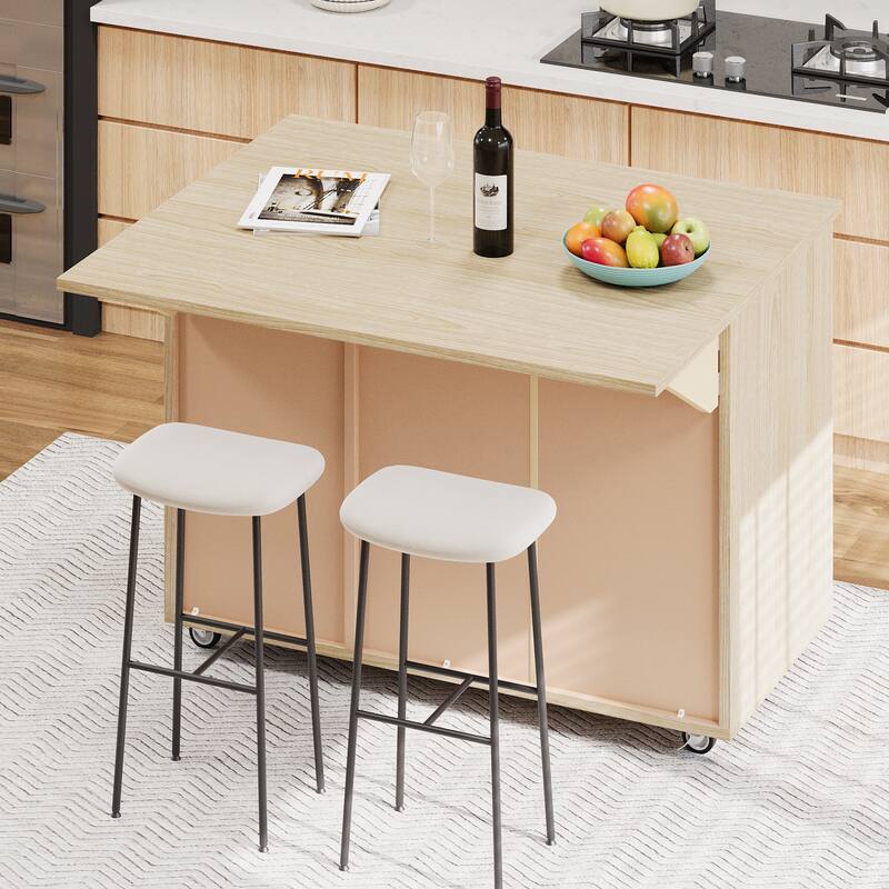 Solid Wood Handwoven Kitchen Island, Kitchen Island Cart on Wheels, Rolling Island Cart with Drop Leaf & Internal Storage Rack