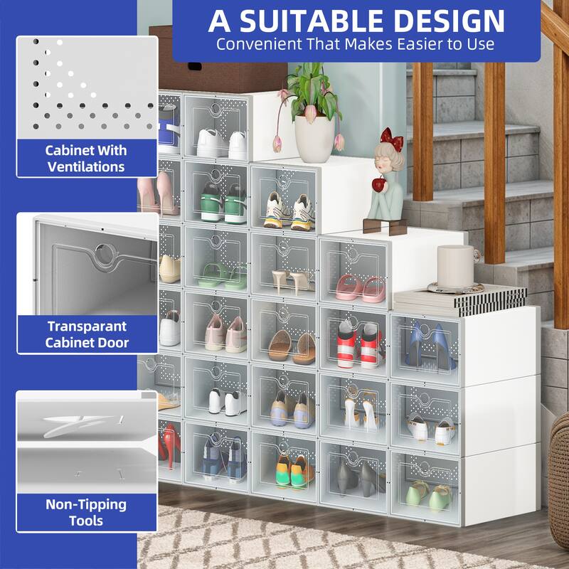 24 Pair Medium Size White Shoe Storage Box Clear Plastic Stackable Shoe Organizer - 24PCS