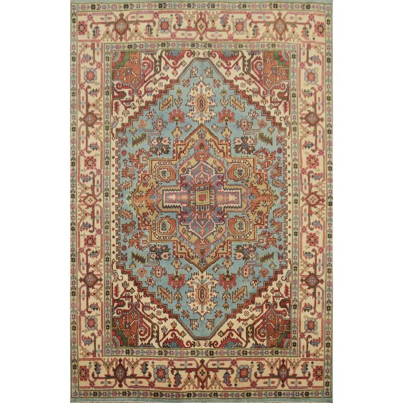 Hand Knotted Oriental 100% Wool Carpet Traditional Medallion Navy Blue & Blues Heriz (serapi) Area Rug - 9' 10'' X 8' 0''