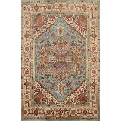 Hand Knotted Oriental 100% Wool Carpet Traditional Medallion Navy Blue & Blues Heriz (serapi) Area Rug - 9' 10'' X 8' 0''