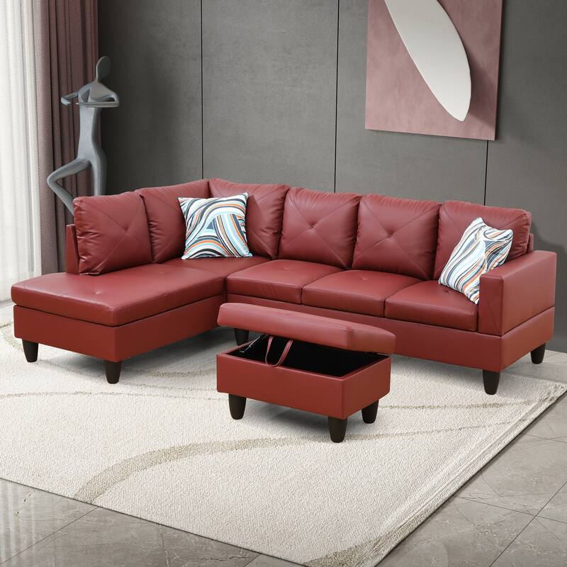 L-Shaped PU Leather Sofa & Chaise with Ottoman