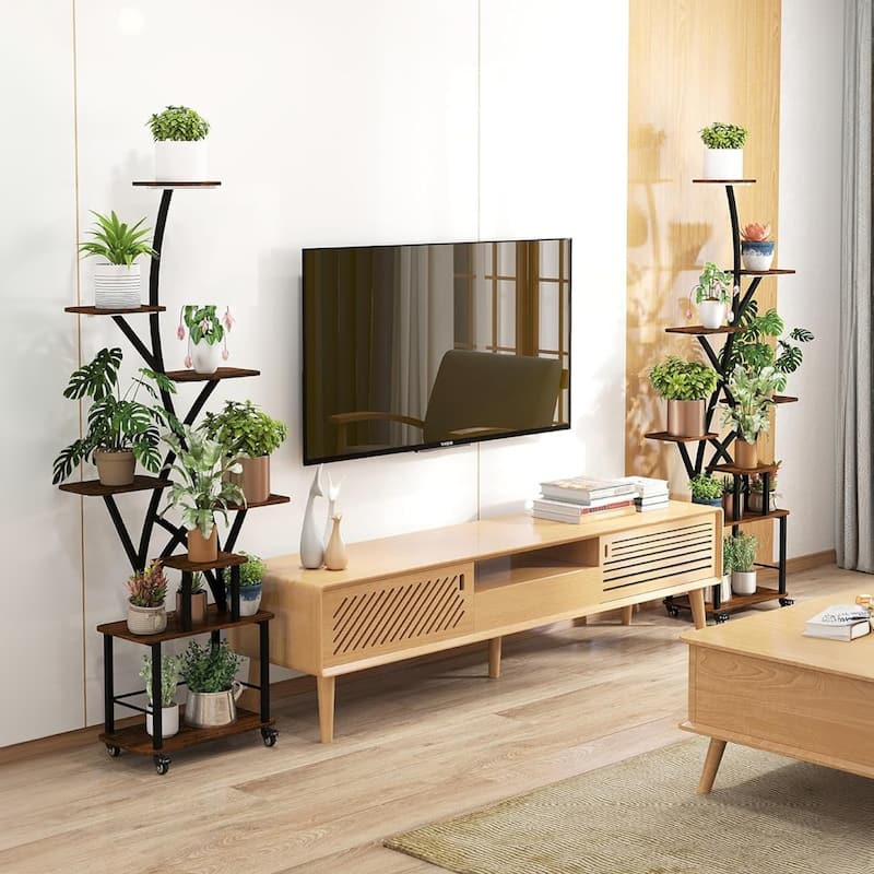 64" 8-Tier Metal Plant Stand with Integrated Grow Lights – Tall Indoor Gardening Shelf for Balcony/Living Room Display.