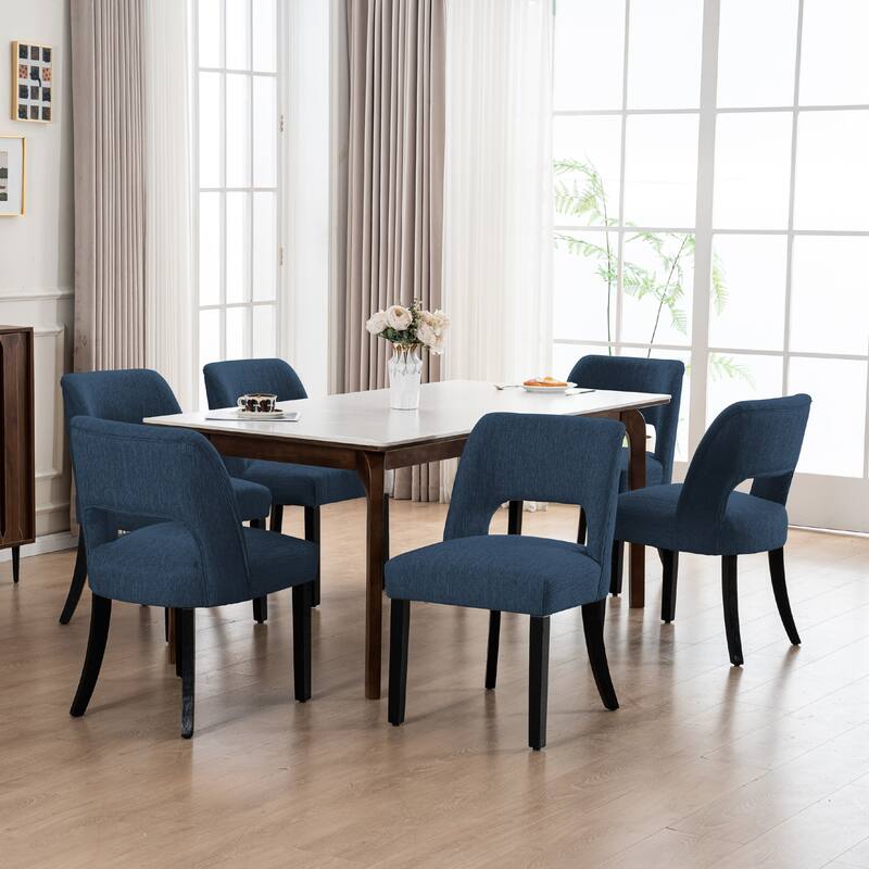 Set of 2/4/6 Modern Fabric Upholstered Dining Room Chair Kitchen Chairs with Wood legs - Set of 6 - Dark Blue