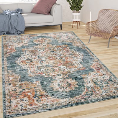 Vintage Rug Oriental Design with Colorful Ornaments in Blue Orange