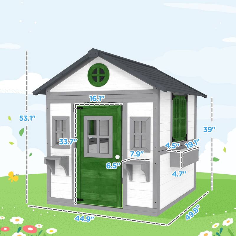 White Green and Dark Gray Wooden Kids Playhouse with Windows and Planter Boxes for Outdoor Backyard Fun Ages 3 to 8