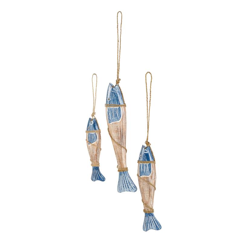 Wood Fish Handmade Home Wall Decor with Wrapped Jute Hanging Rope - Set of 3 Blue - Roche River Decor