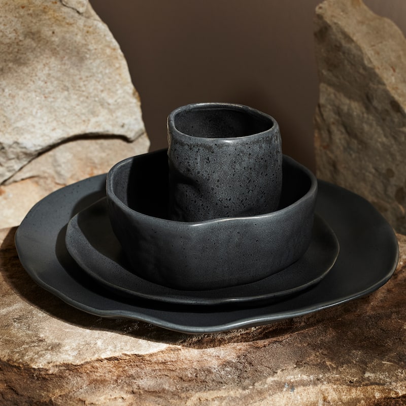 Stone by Mercer Project ATIK Stoneware Dinnerware Set - Charcoal Black Speckled - 16 Piece