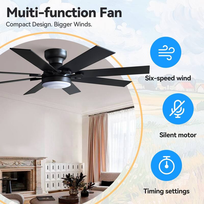 52 Inch Flush Mount Ceiling Fan with Light,8 Blades,Reversible Airflow,DC Motor - 52 Inches