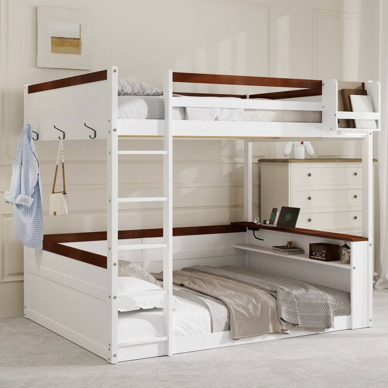 Queen size Wooden Bunk Bed with Built-in Shelves and LED Light, USB Charging Station for Living Room - White