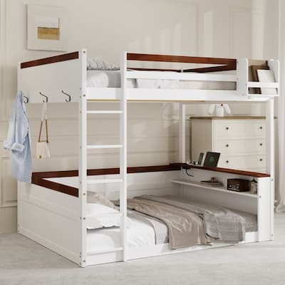 Queen size Wooden Bunk Bed with Built-in Shelves and LED Light, USB Charging Station for Living Room