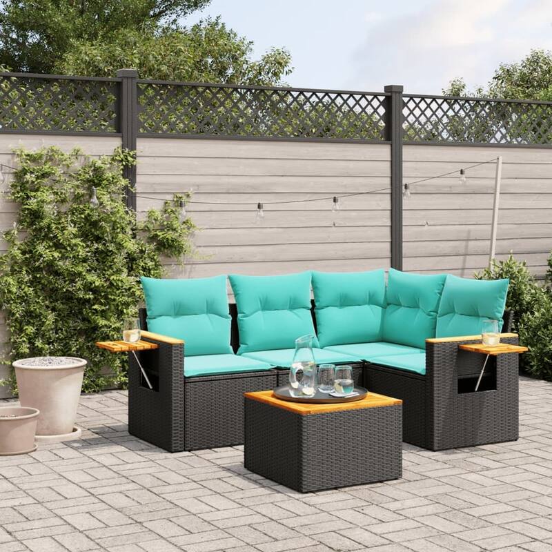 vidaXL 5 Piece Patio Sofa Set with Cushions Black Poly Rattan - 24.4 x 24.4 x 27.2