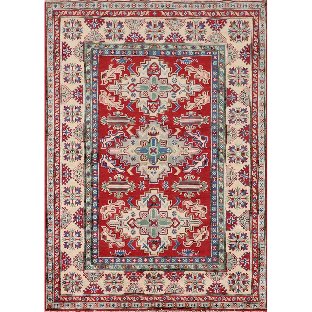 Traditional Kazak Rug Handmade Red Wool Carpet - 5'1" x 6'9"